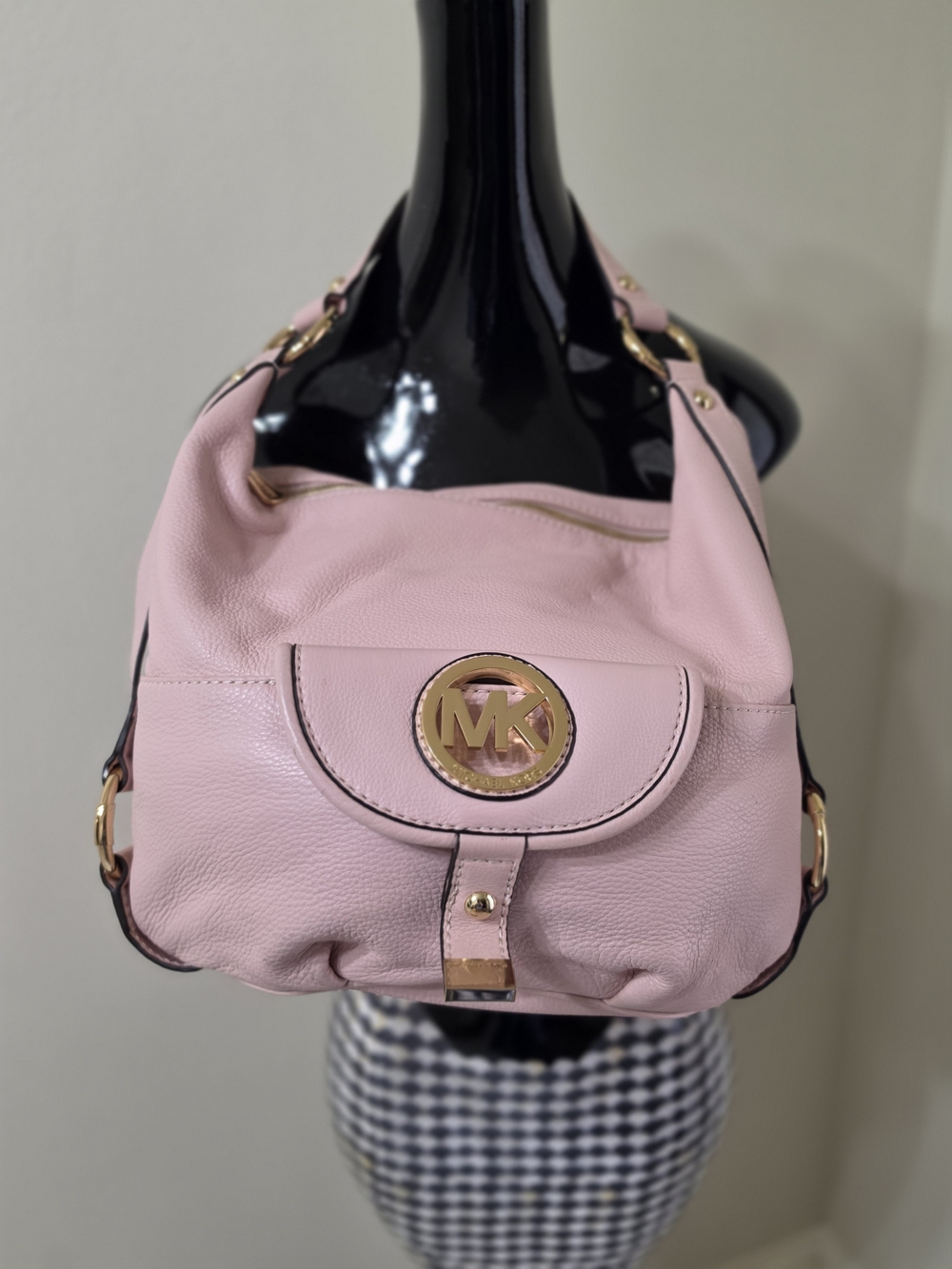 Michael Kors Blush Pink Pebbled Leather Shoulder Hobo with Gold MK Accent
